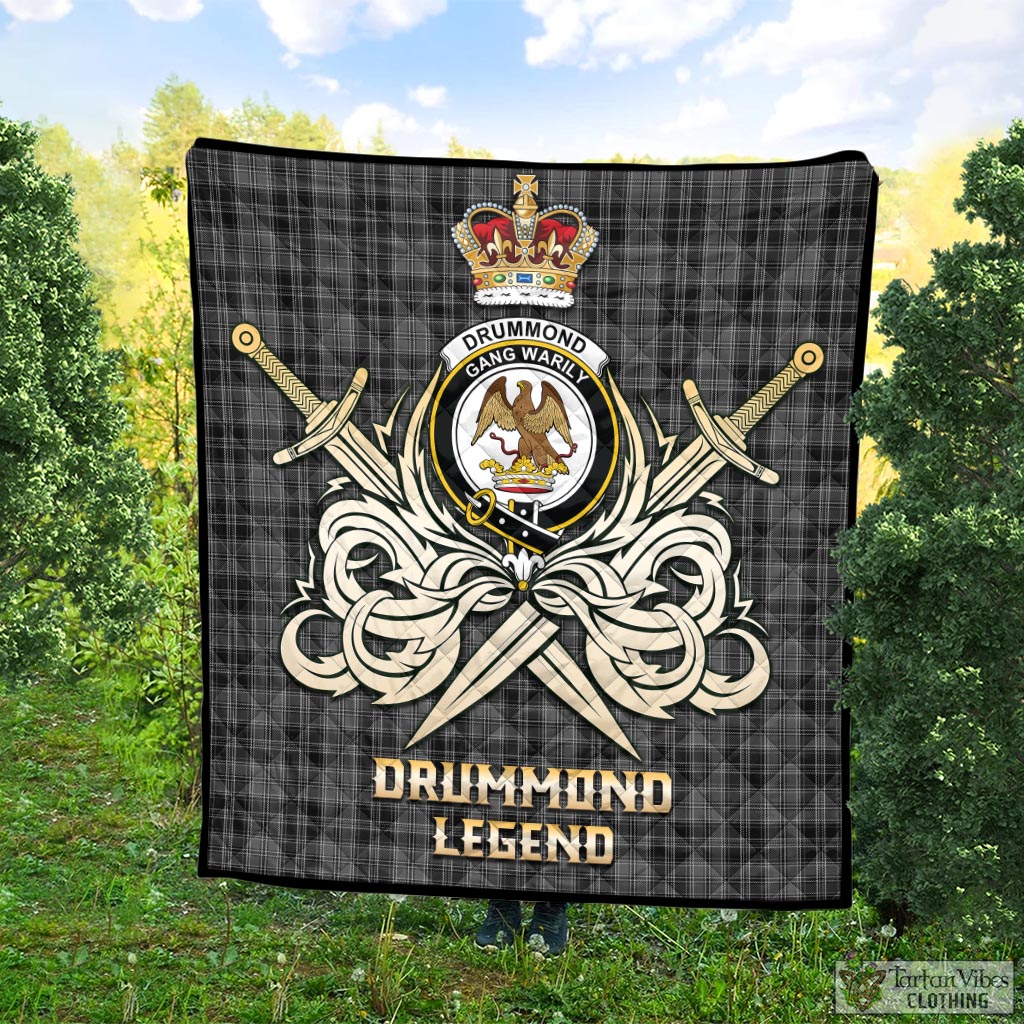 Tartan Vibes Clothing Drummond Grey Tartan Quilt with Clan Crest and the Golden Sword of Courageous Legacy