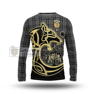 Drummond Grey Tartan Long Sleeve T-Shirt with Family Crest Celtic Wolf Style