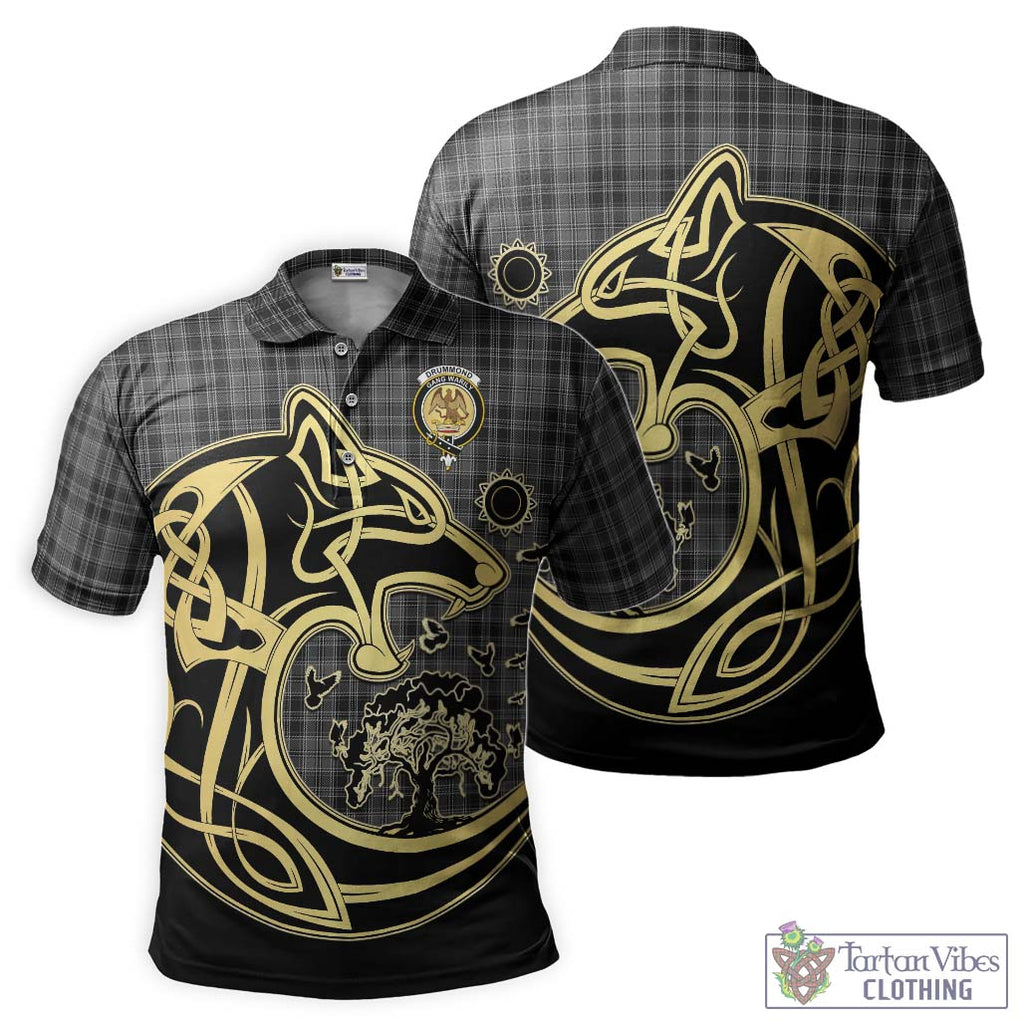 Drummond Grey Tartan Polo Shirt with Family Crest Celtic Wolf Style Kid - Tartanvibesclothing Shop