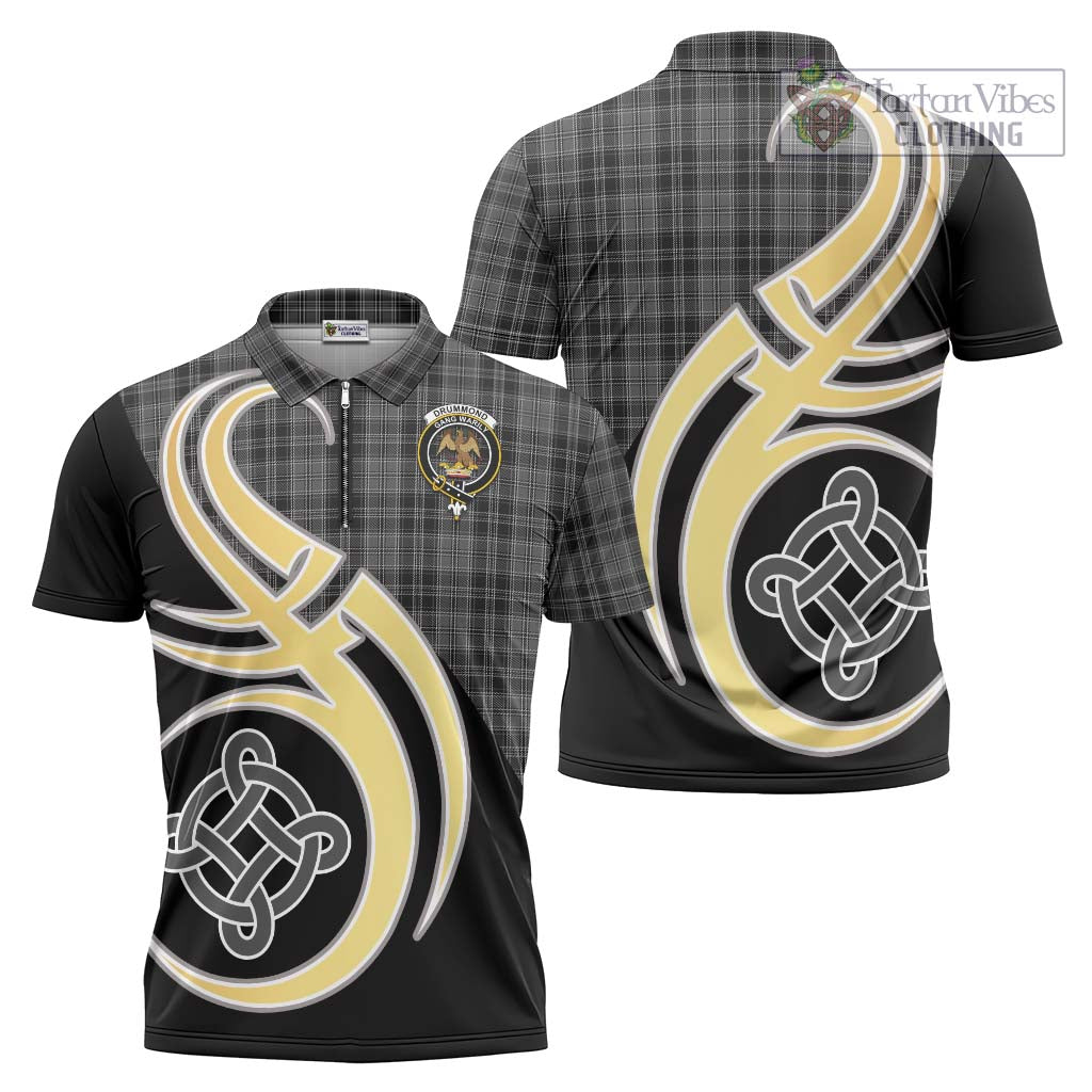 Tartan Vibes Clothing Drummond Grey Tartan Zipper Polo Shirt with Family Crest and Celtic Symbol Style