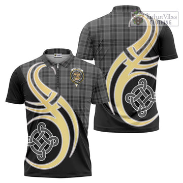 Drummond Grey Tartan Zipper Polo Shirt with Family Crest and Celtic Symbol Style