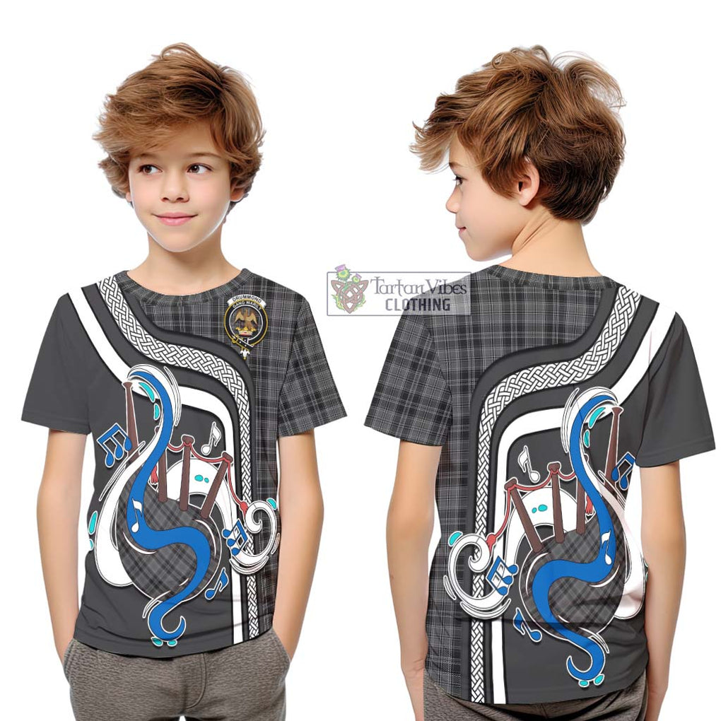 Tartan Vibes Clothing Drummond Grey Tartan Kid T-Shirt with Epic Bagpipe Style