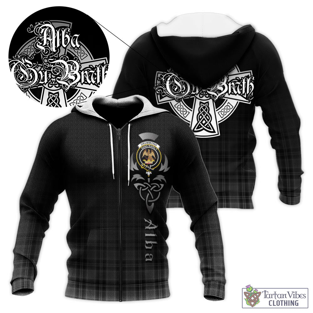 Tartan Vibes Clothing Drummond Grey Tartan Knitted Hoodie Featuring Alba Gu Brath Family Crest Celtic Inspired