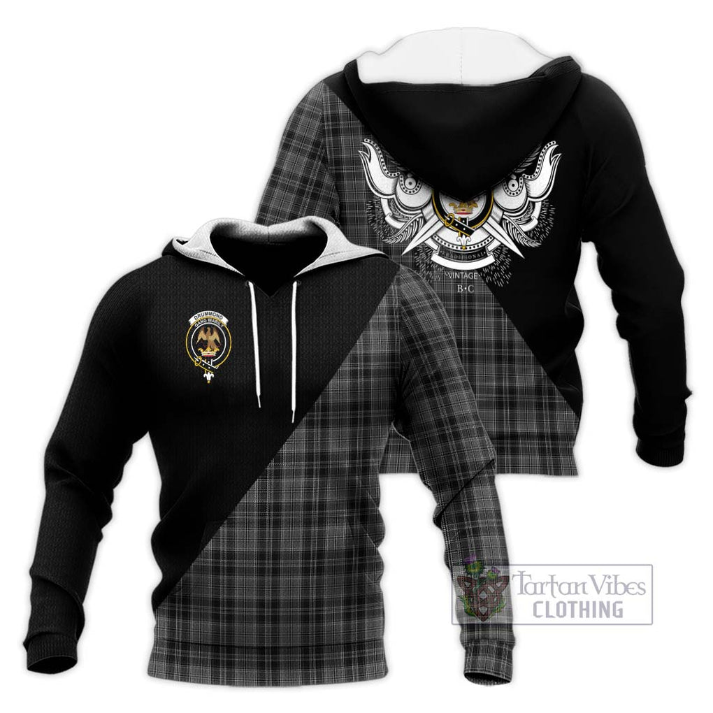 Drummond Grey Tartan Knitted Hoodie with Family Crest and Military Logo Style Unisex Knitted Pullover Hoodie - Tartanvibesclothing Shop