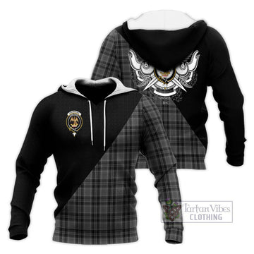 Drummond Grey Tartan Knitted Hoodie with Family Crest and Military Logo Style