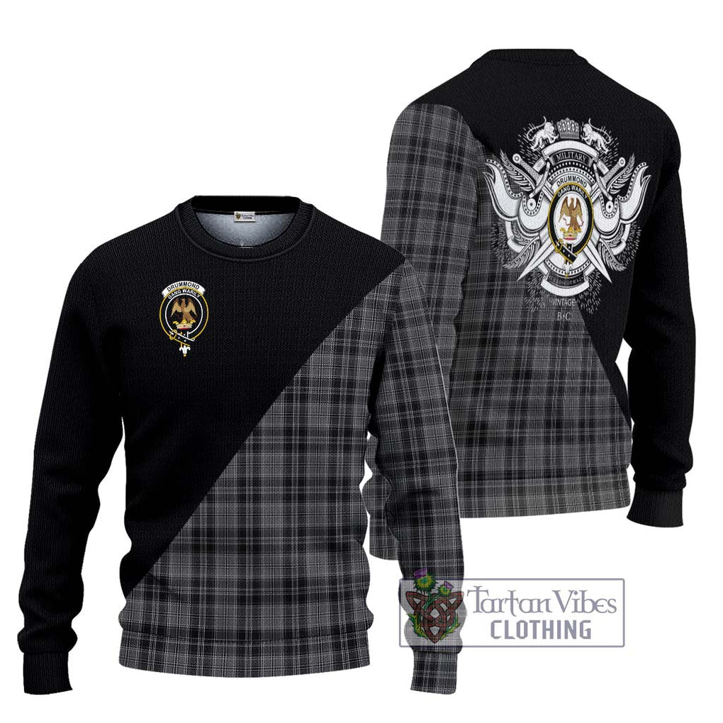 Drummond Grey Tartan Knitted Sweater with Family Crest and Military Logo Style Unisex - Tartanvibesclothing Shop