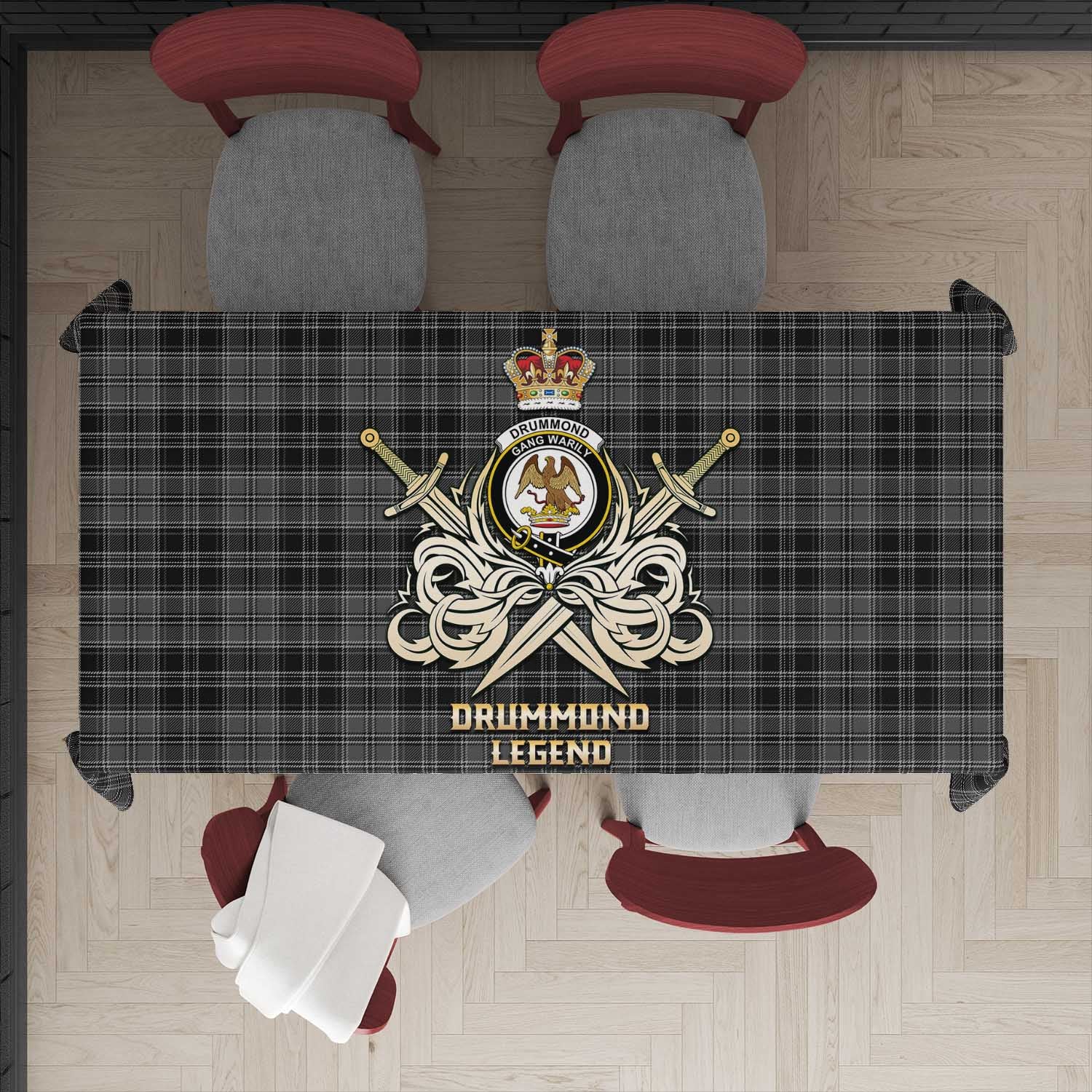 Tartan Vibes Clothing Drummond Grey Tartan Tablecloth with Clan Crest and the Golden Sword of Courageous Legacy