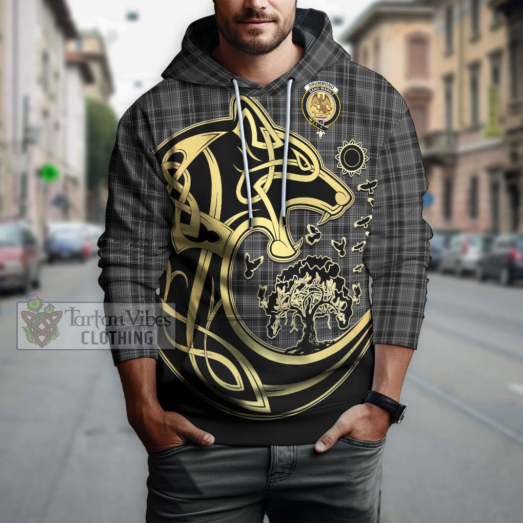 Drummond Grey Tartan Hoodie with Family Crest Celtic Wolf Style Zip Hoodie - Tartan Vibes Clothing