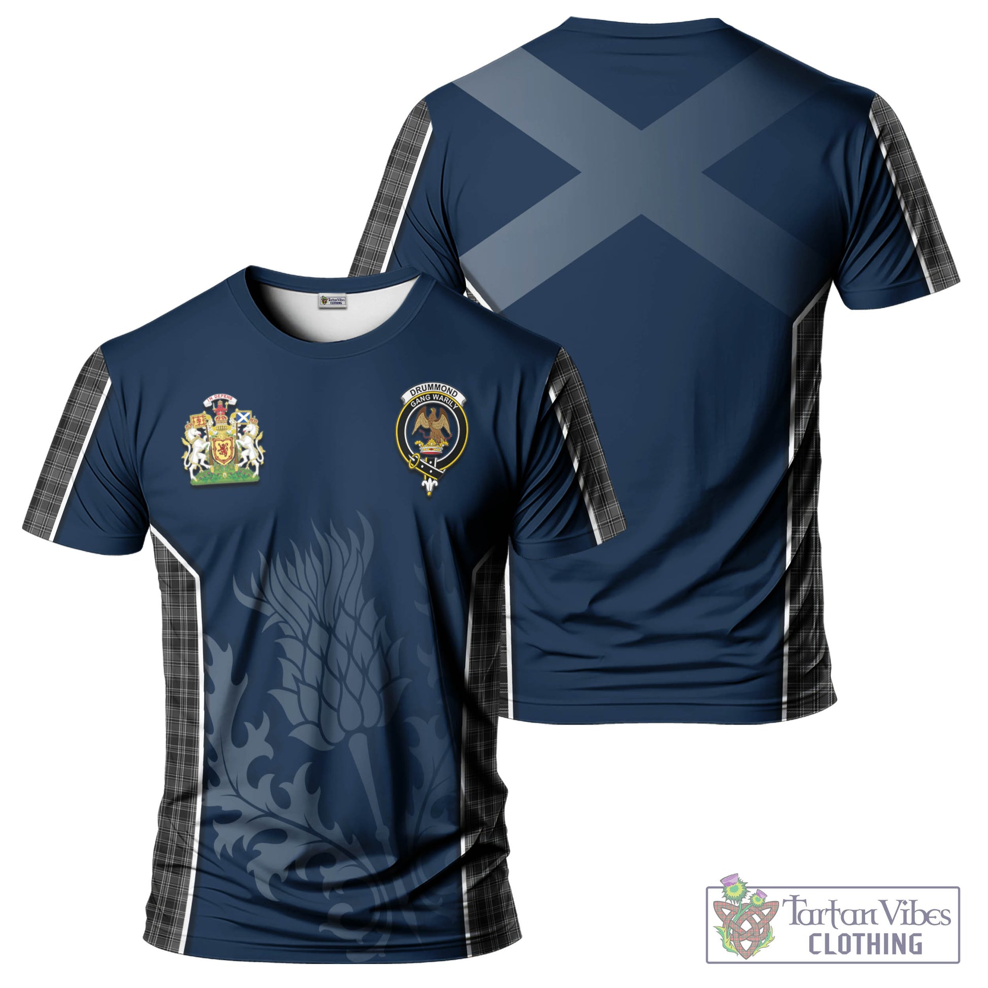 Tartan Vibes Clothing Drummond Grey Tartan T-Shirt with Family Crest and Scottish Thistle Vibes Sport Style