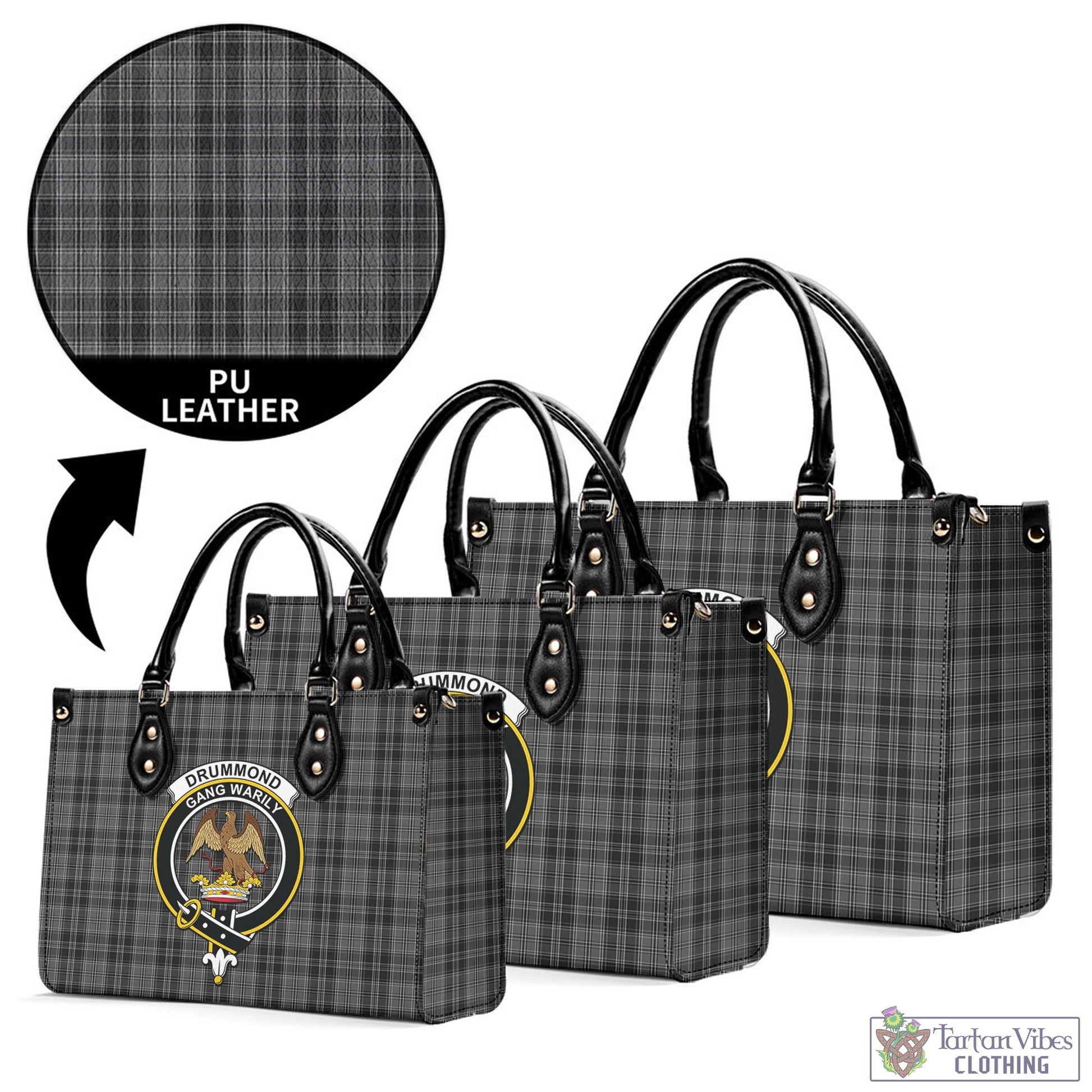 Tartan Vibes Clothing Drummond Grey Tartan Luxury Leather Handbags with Family Crest