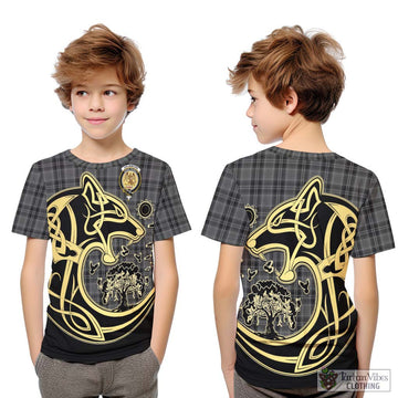 Drummond Grey Tartan Kid T-Shirt with Family Crest Celtic Wolf Style