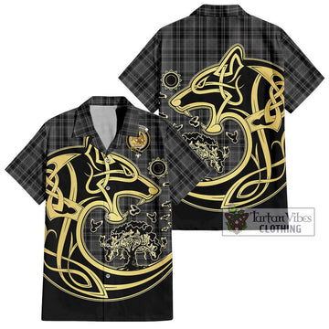 Drummond Grey Tartan Short Sleeve Button Shirt with Family Crest Celtic Wolf Style