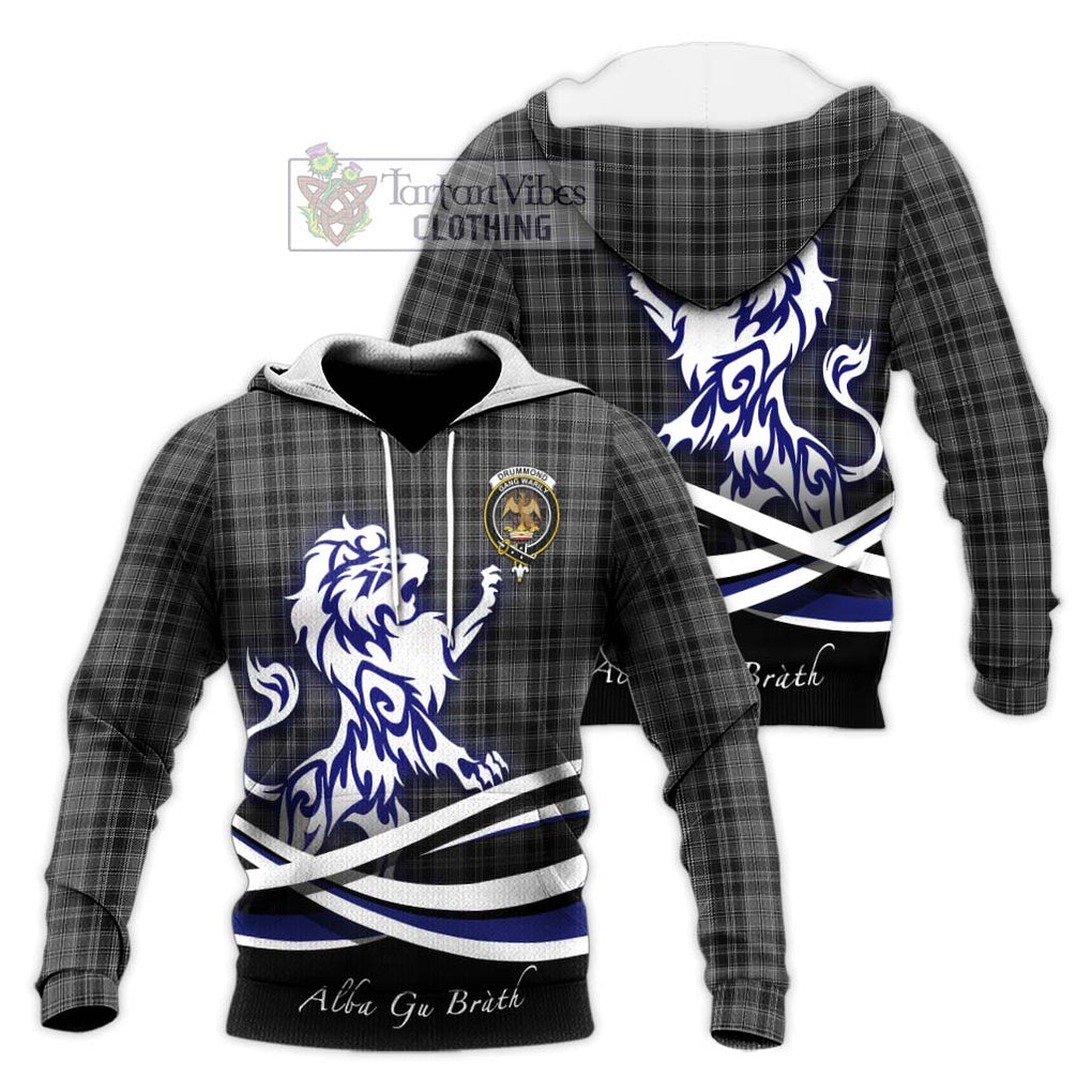 Drummond Grey Tartan Knitted Hoodie with Alba Gu Brath Regal Lion Emblem Unisex Knitted Pullover Hoodie - Tartanvibesclothing Shop