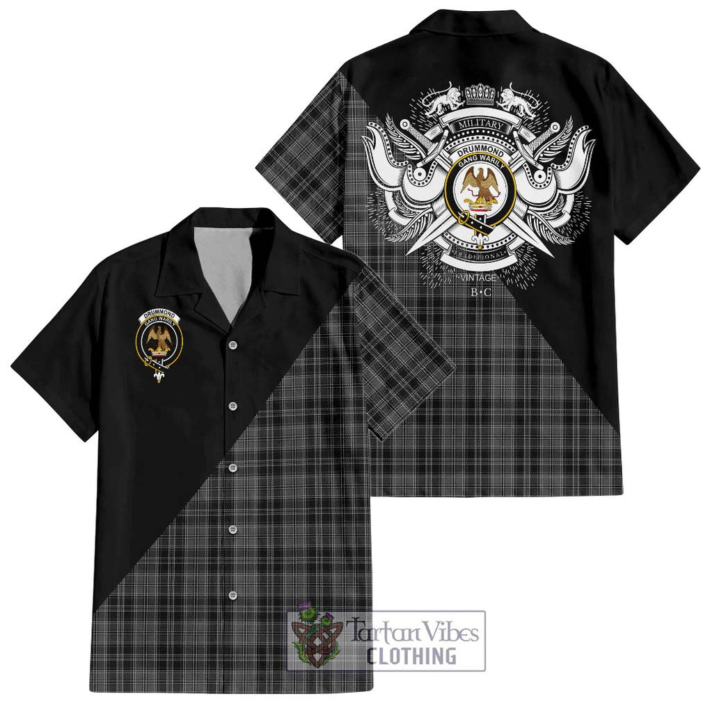 Drummond Grey Tartan Short Sleeve Button Shirt with Family Crest and Military Logo Style Kid - Tartanvibesclothing Shop