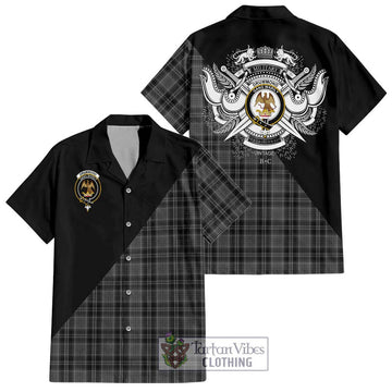 Drummond Grey Tartan Short Sleeve Button Shirt with Family Crest and Military Logo Style