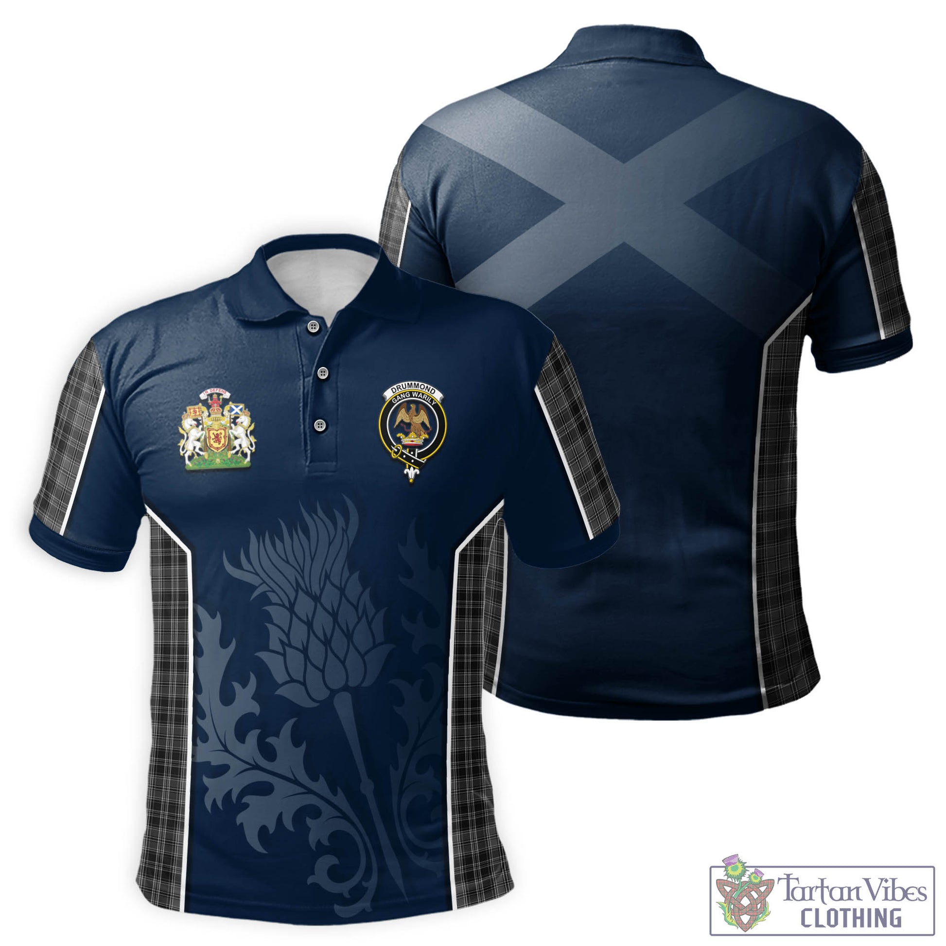 Tartan Vibes Clothing Drummond Grey Tartan Men's Polo Shirt with Family Crest and Scottish Thistle Vibes Sport Style