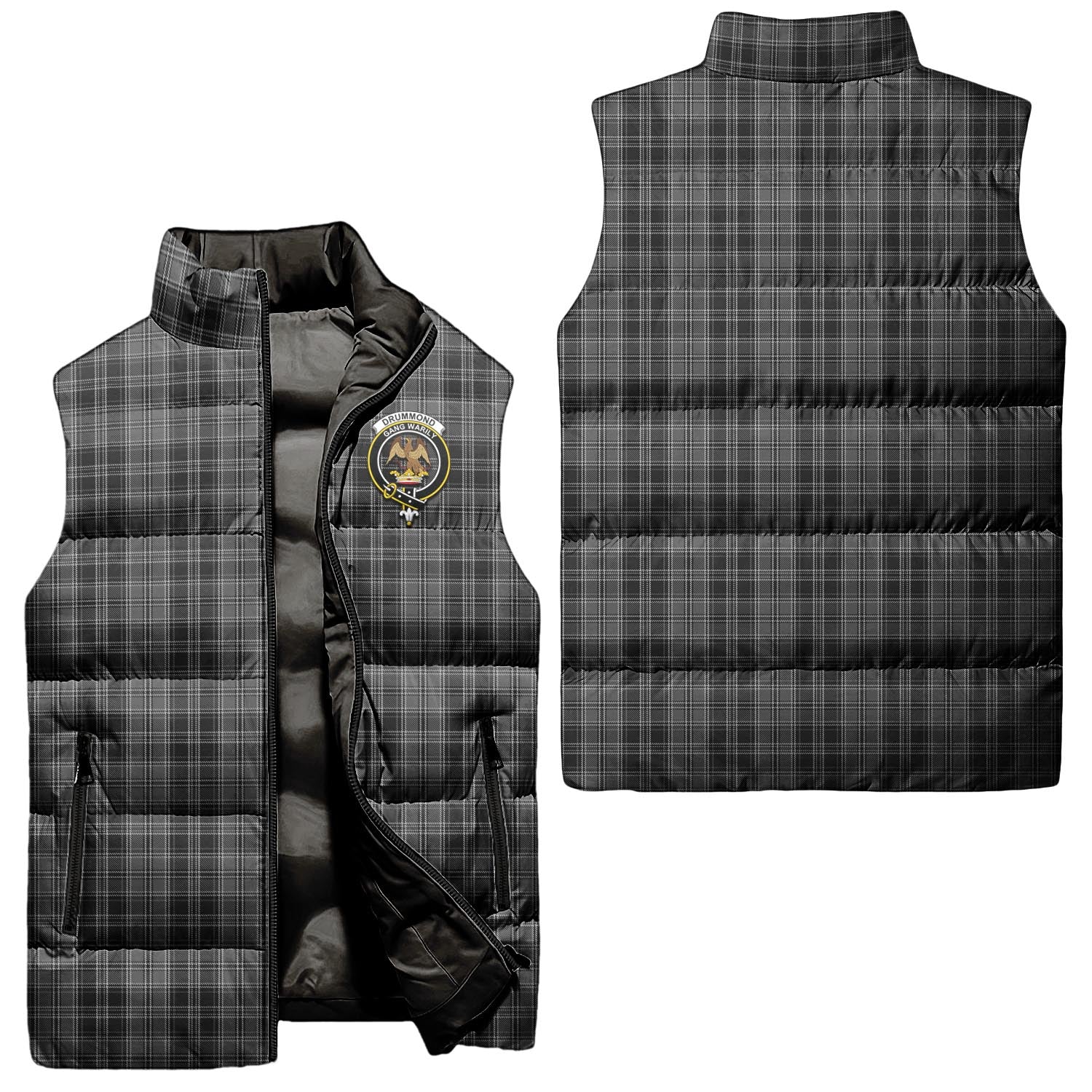 Drummond Grey Tartan Sleeveless Puffer Jacket with Family Crest Unisex - Tartanvibesclothing