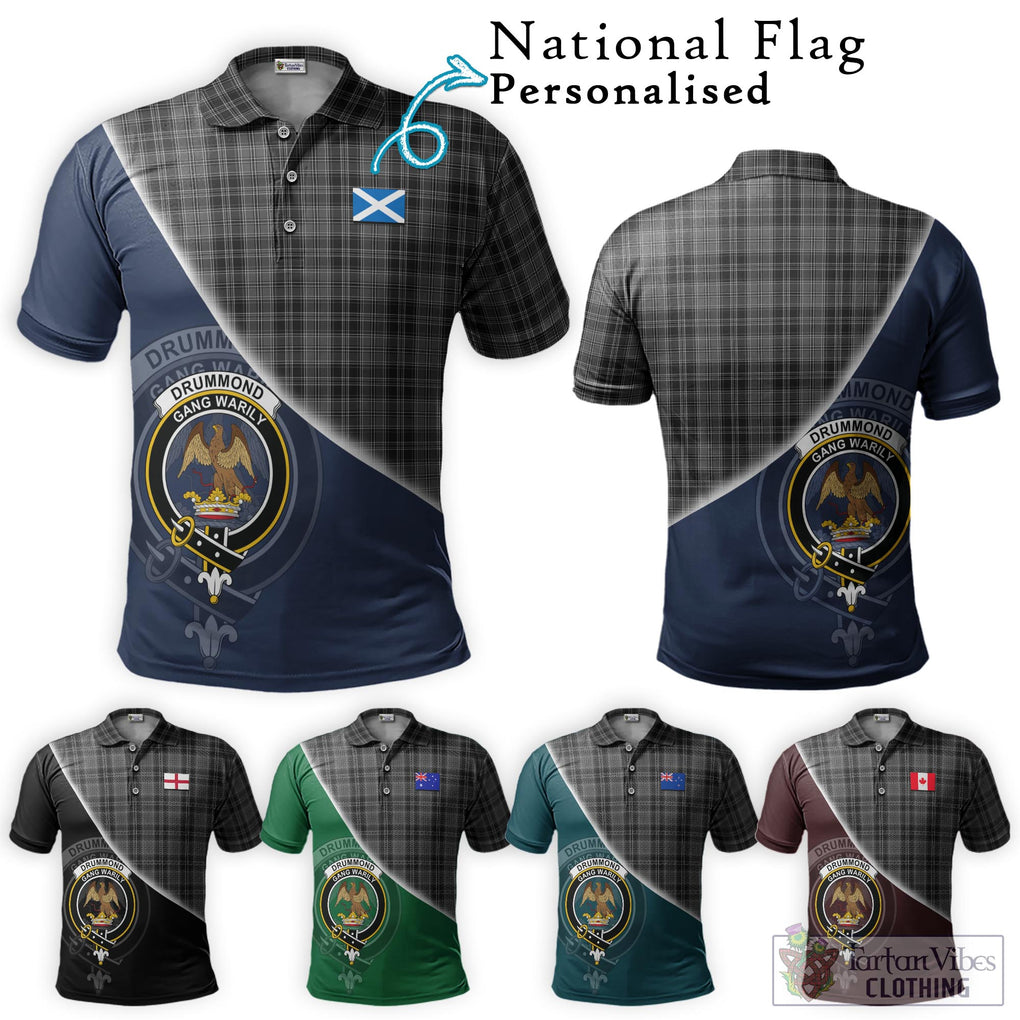 Drummond Grey Tartan Polo Shirt with Personalised National Flag and Family Crest Half Style Maroon - Tartanvibesclothing Shop