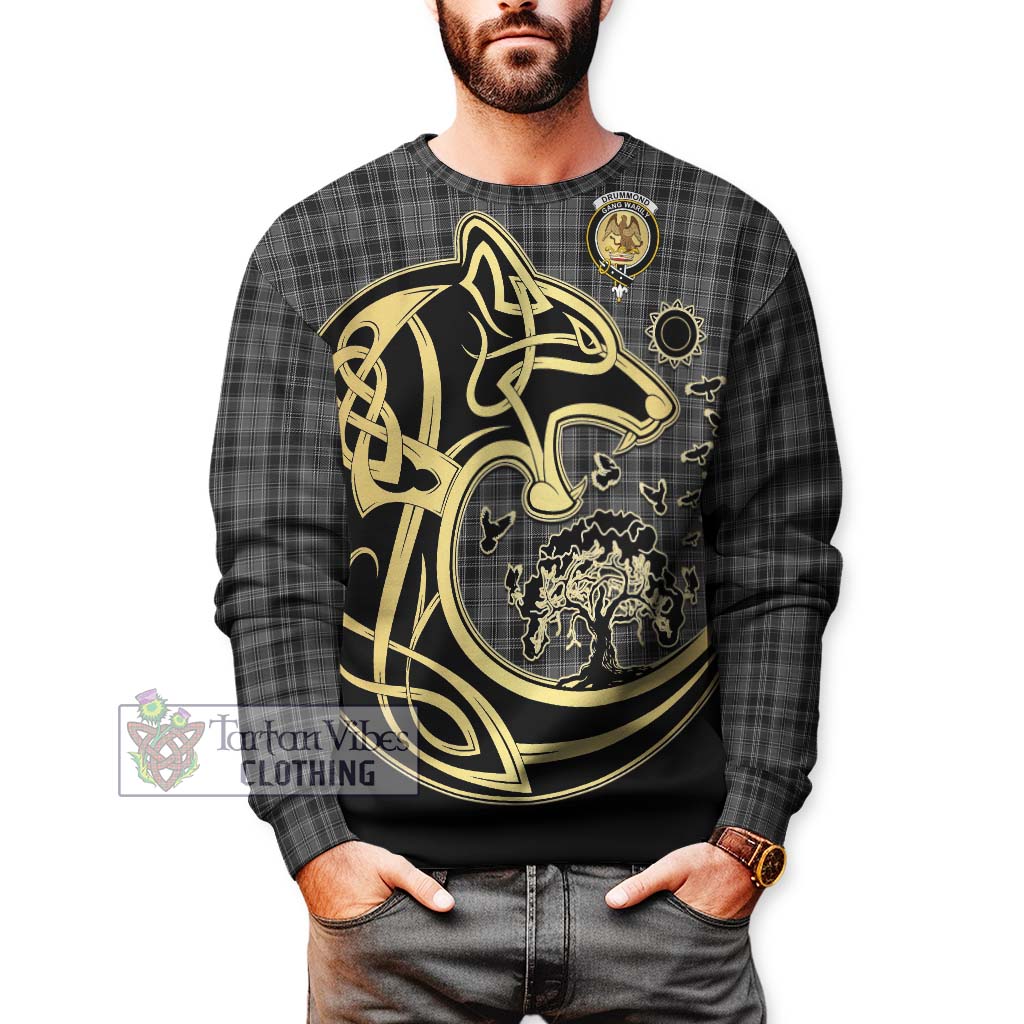 Tartan Vibes Clothing Drummond Grey Tartan Sweatshirt with Family Crest Celtic Wolf Style