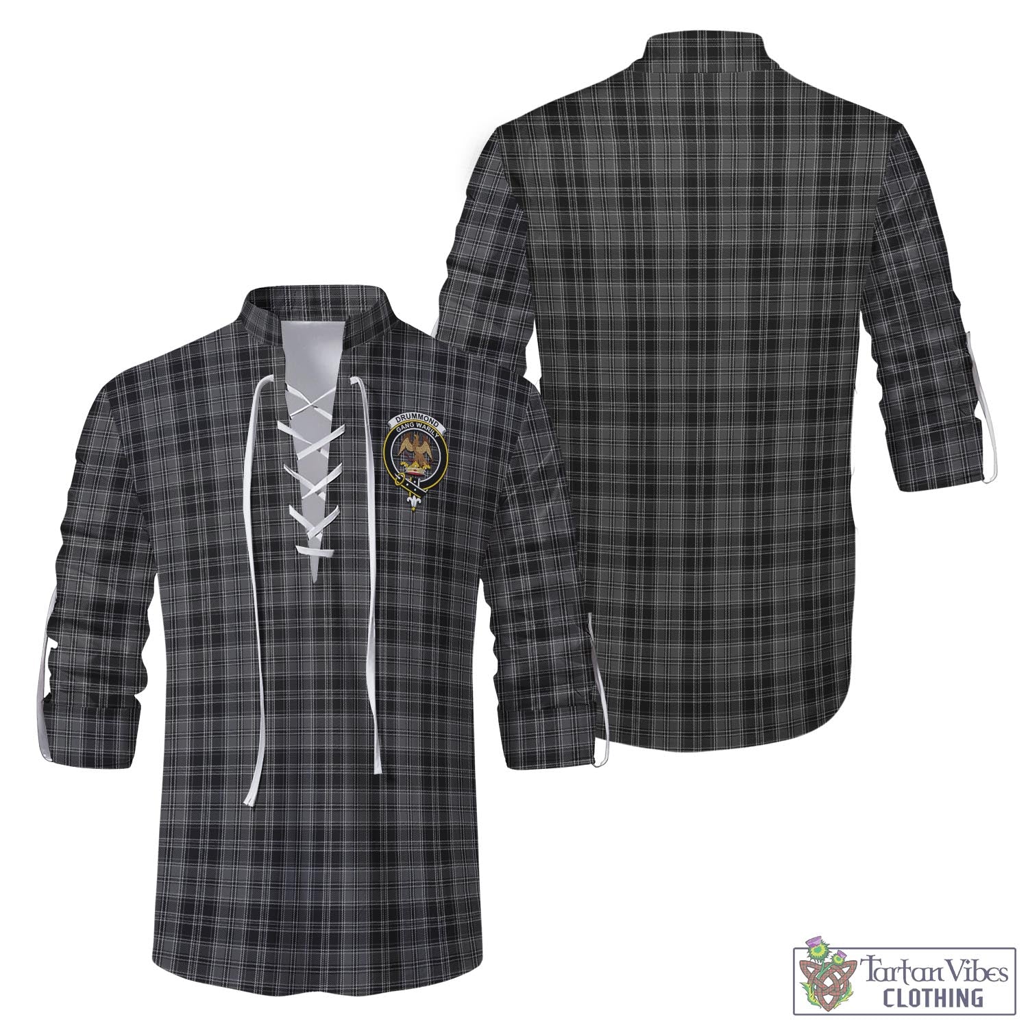 Tartan Vibes Clothing Drummond Grey Tartan Men's Scottish Traditional Jacobite Ghillie Kilt Shirt with Family Crest