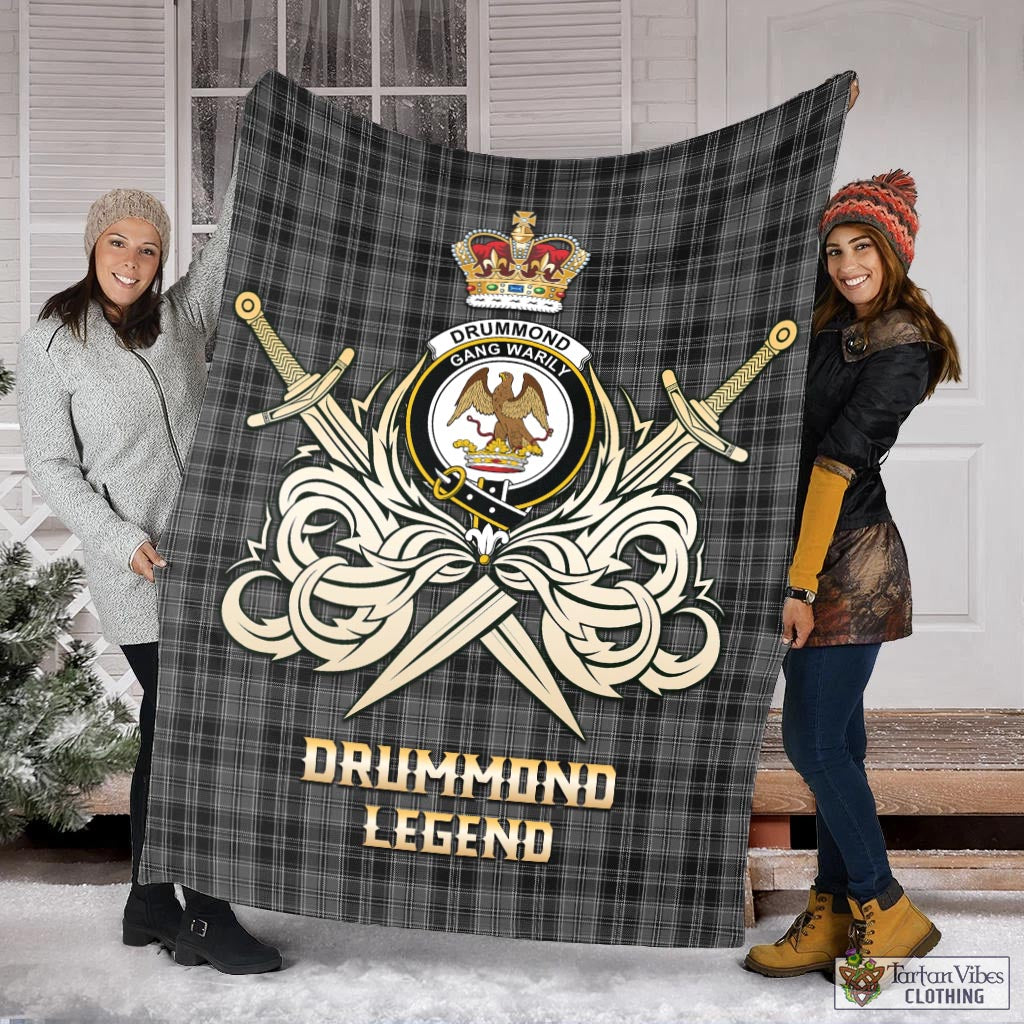 Tartan Vibes Clothing Drummond Grey Tartan Blanket with Clan Crest and the Golden Sword of Courageous Legacy