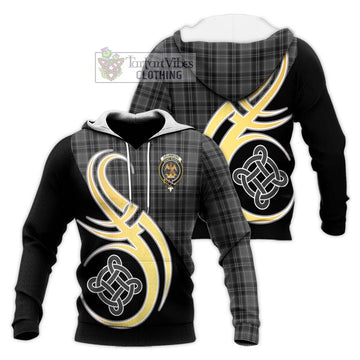 Drummond Grey Tartan Knitted Hoodie with Family Crest and Celtic Symbol Style