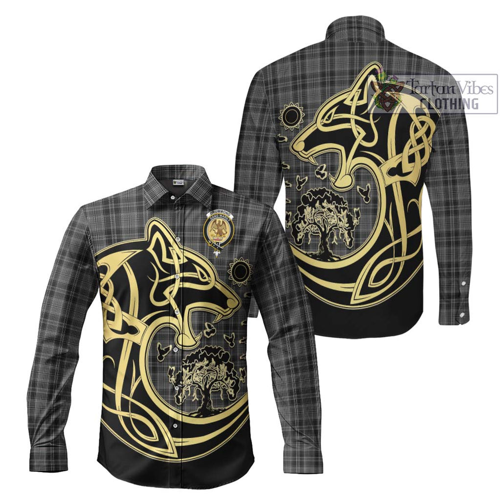 Drummond Grey Tartan Long Sleeve Button Shirt with Family Crest Celtic Wolf Style Men's Shirt S - Tartan Vibes Clothing