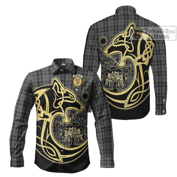 Drummond Grey Tartan Long Sleeve Button Shirt with Family Crest Celtic Wolf Style