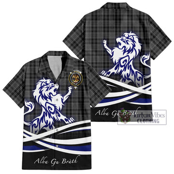 Drummond Grey Tartan Short Sleeve Button Shirt with Alba Gu Brath Regal Lion Emblem