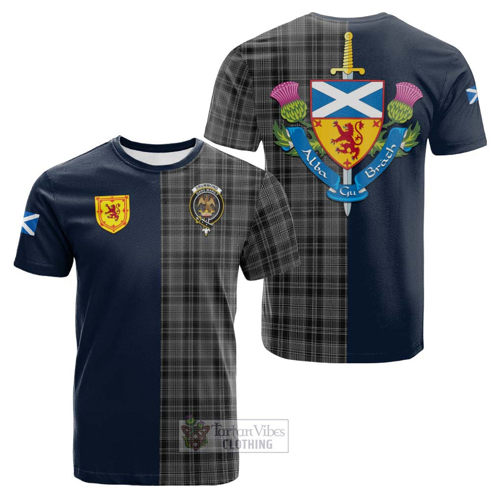 Tartan Vibes Clothing Drummond Grey Tartan Cotton T-shirt with Scottish Lion Royal Arm Half Style