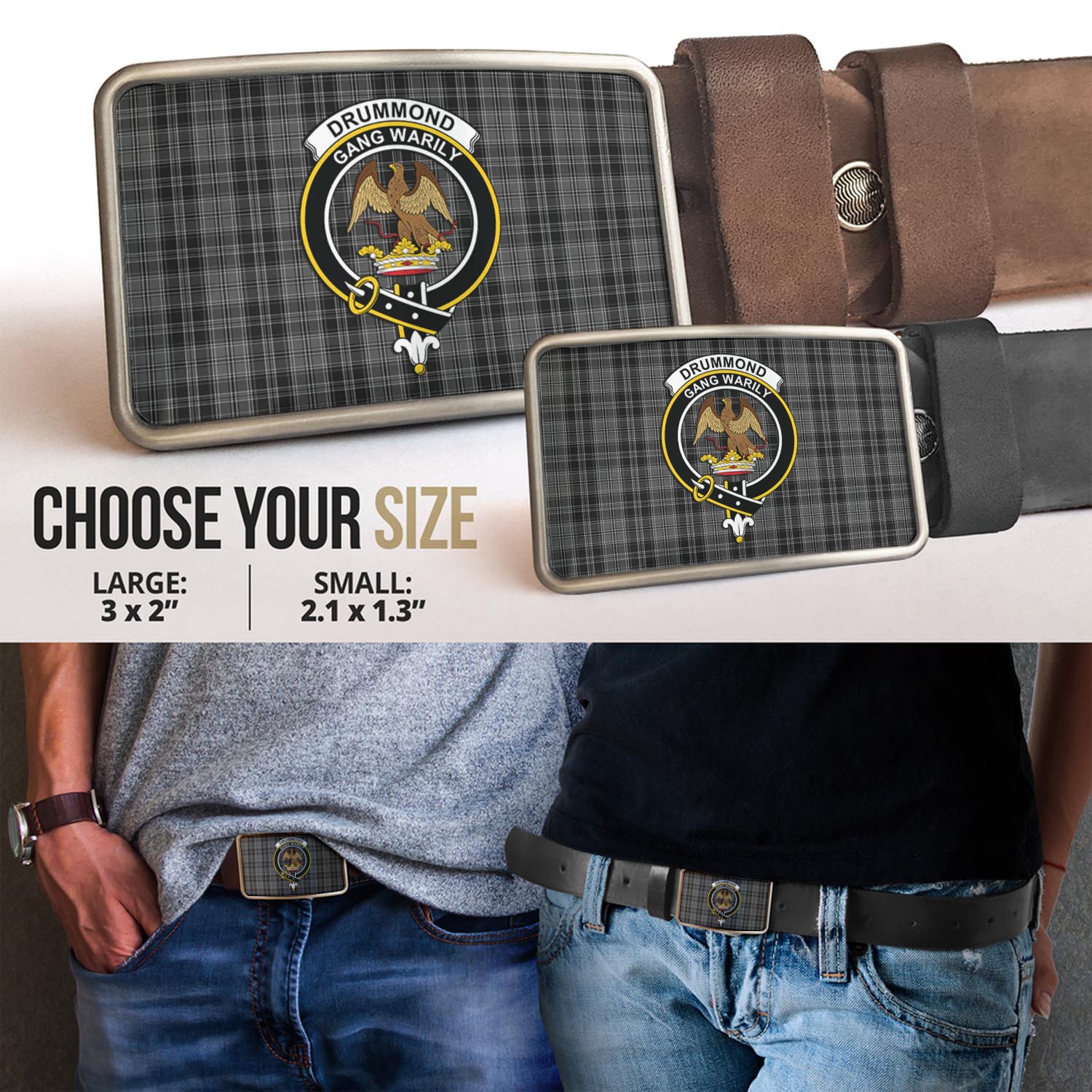 Drummond Grey Tartan Belt Buckles with Family Crest - Tartan Vibes Clothing