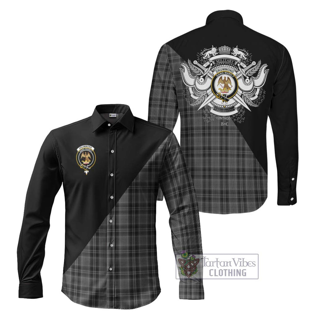 Drummond Grey Tartan Long Sleeve Button Shirt with Family Crest and Military Logo Style Men's Shirt S - Tartanvibesclothing Shop