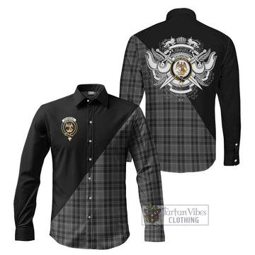 Drummond Grey Tartan Long Sleeve Button Shirt with Family Crest and Military Logo Style