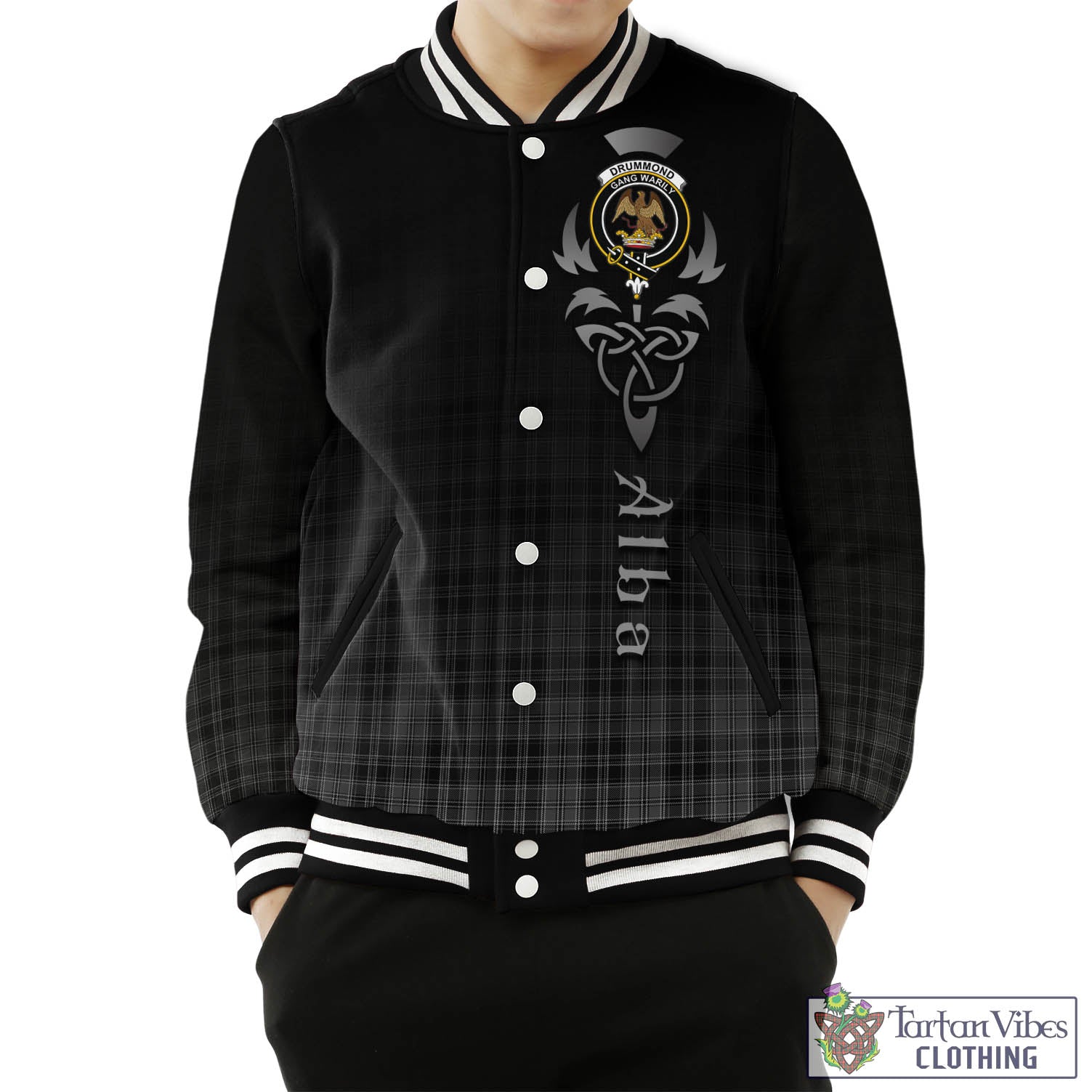 Tartan Vibes Clothing Drummond Grey Tartan Baseball Jacket Featuring Alba Gu Brath Family Crest Celtic Inspired