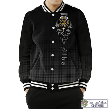 Drummond Grey Tartan Baseball Jacket Featuring Alba Gu Brath Family Crest Celtic Inspired