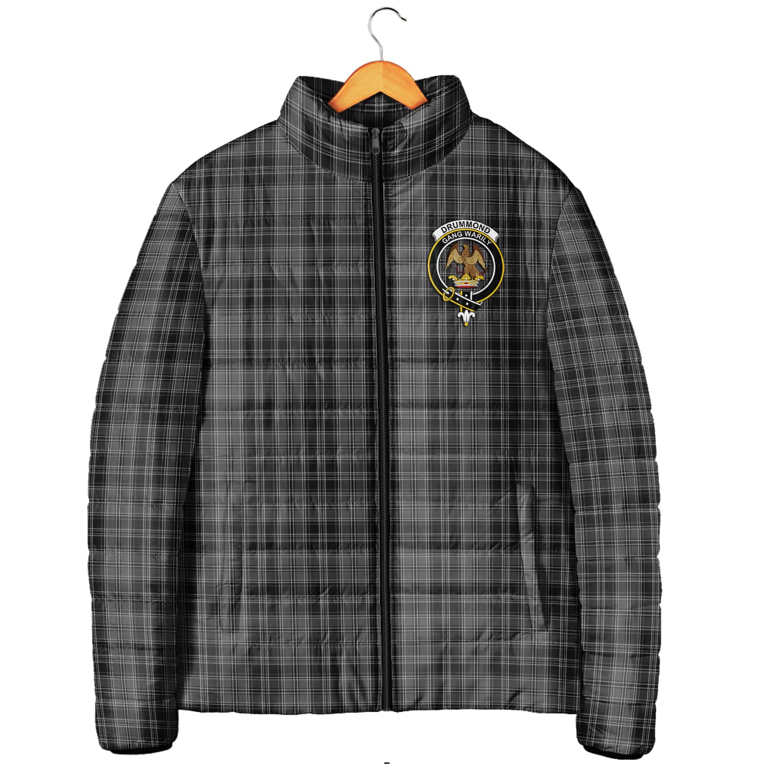 Drummond Grey Tartan Padded Jacket with Family Crest Men's Padded Jacket - Tartan Vibes Clothing