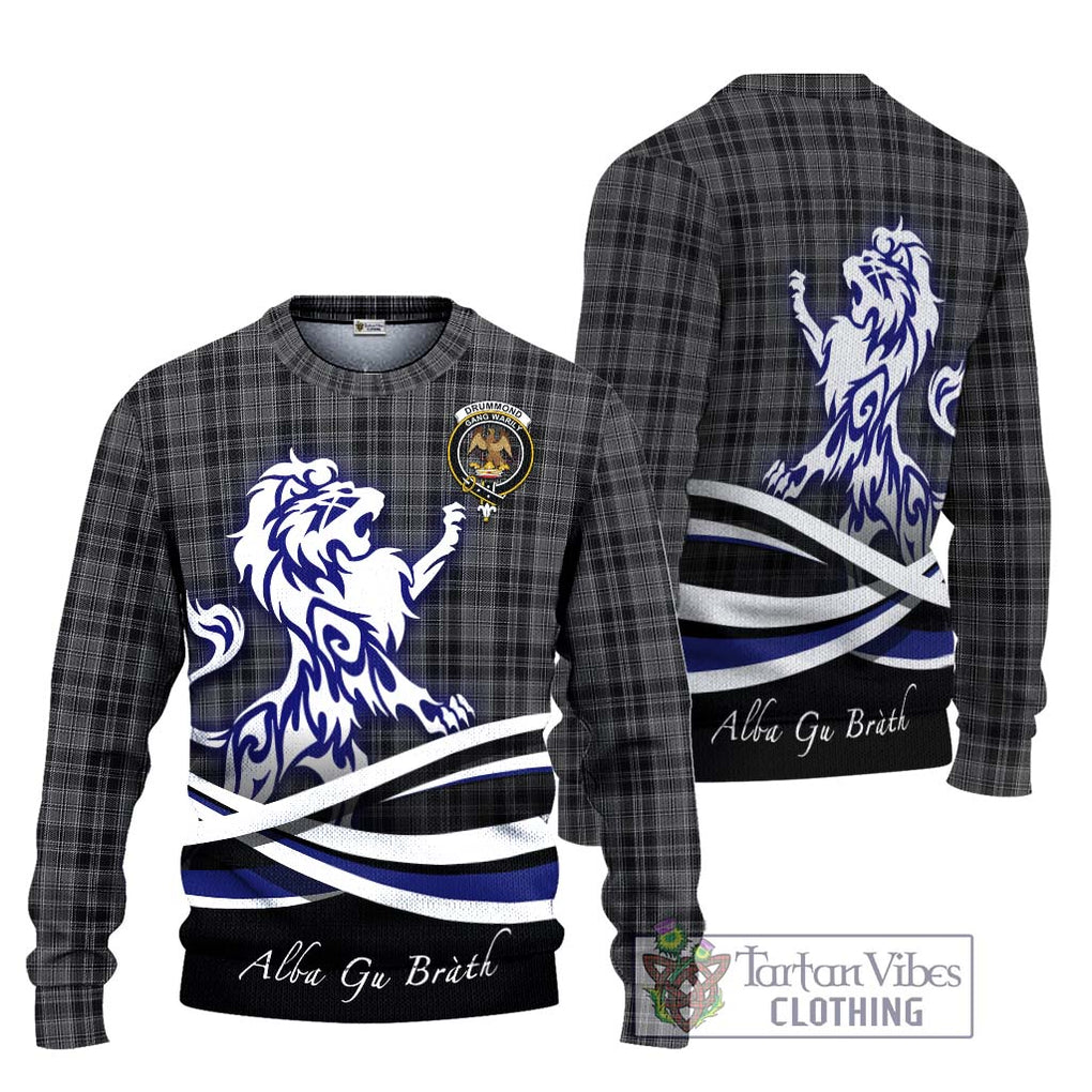 Drummond Grey Tartan Knitted Sweater with Alba Gu Brath Regal Lion Emblem Unisex - Tartanvibesclothing Shop