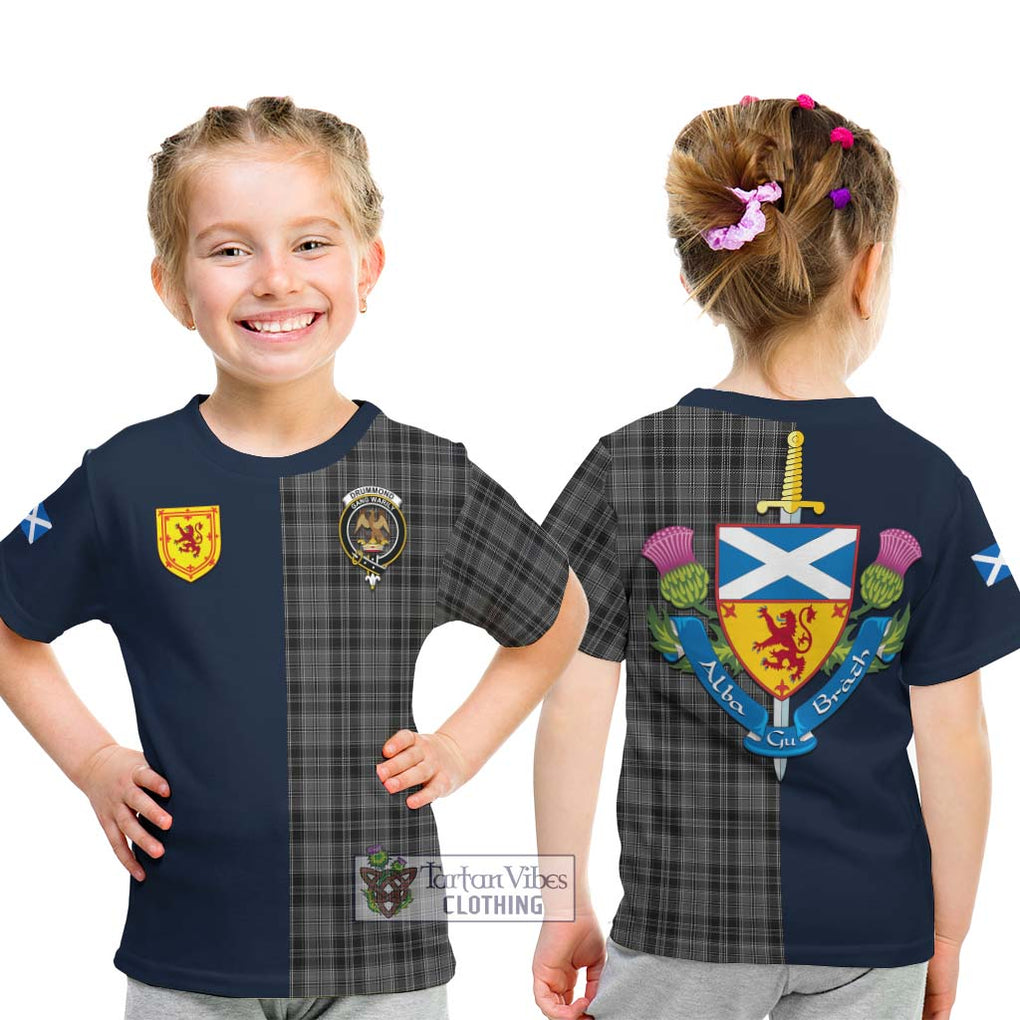 Tartan Vibes Clothing Drummond Grey Tartan Kid T-Shirt with Scottish Lion Royal Arm Half Style