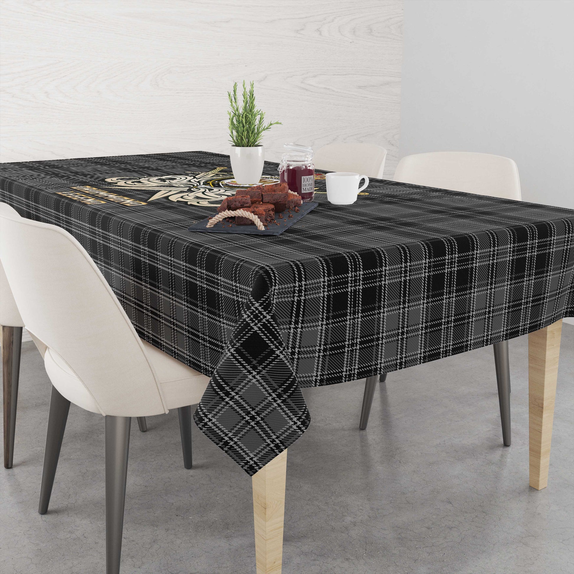 Tartan Vibes Clothing Drummond Grey Tartan Tablecloth with Clan Crest and the Golden Sword of Courageous Legacy