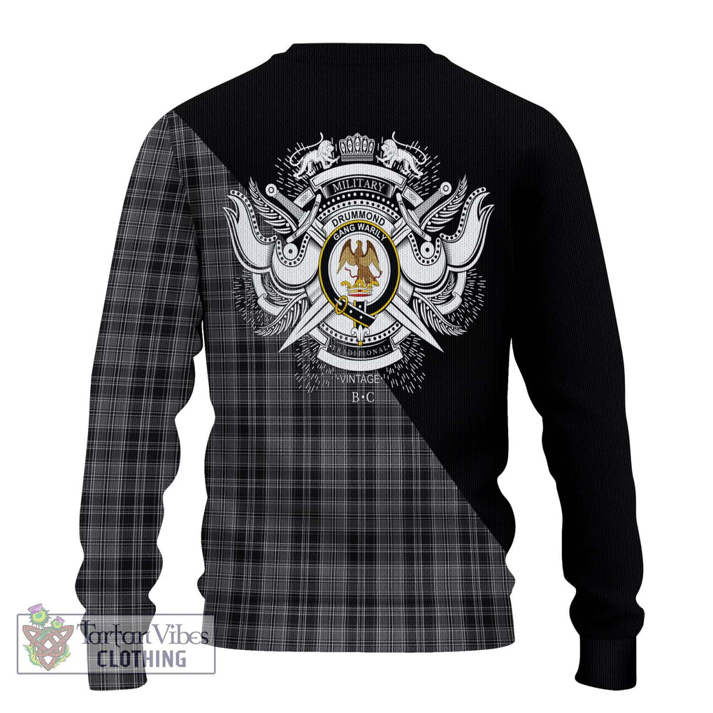 Drummond Grey Tartan Knitted Sweater with Family Crest and Military Logo Style - Tartanvibesclothing Shop