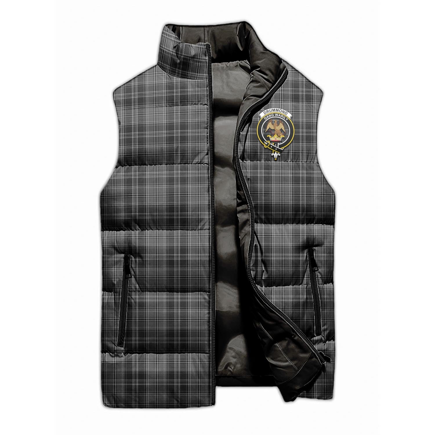 Drummond Grey Tartan Sleeveless Puffer Jacket with Family Crest - Tartanvibesclothing