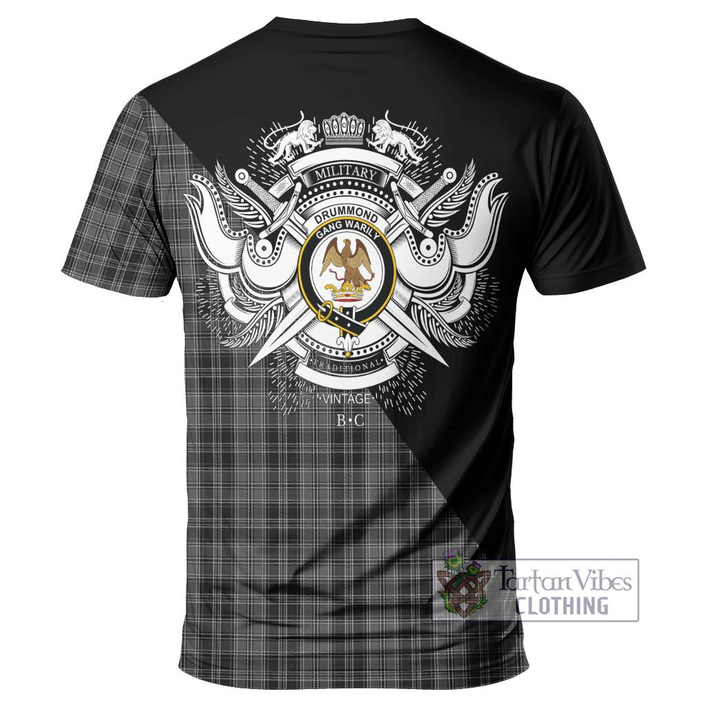 Drummond Grey Tartan T-Shirt with Family Crest and Military Logo Style - Tartanvibesclothing Shop