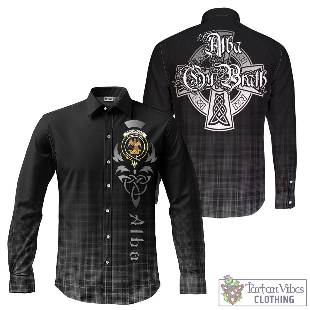 Tartan Vibes Clothing Drummond Grey Tartan Long Sleeve Button Up Featuring Alba Gu Brath Family Crest Celtic Inspired