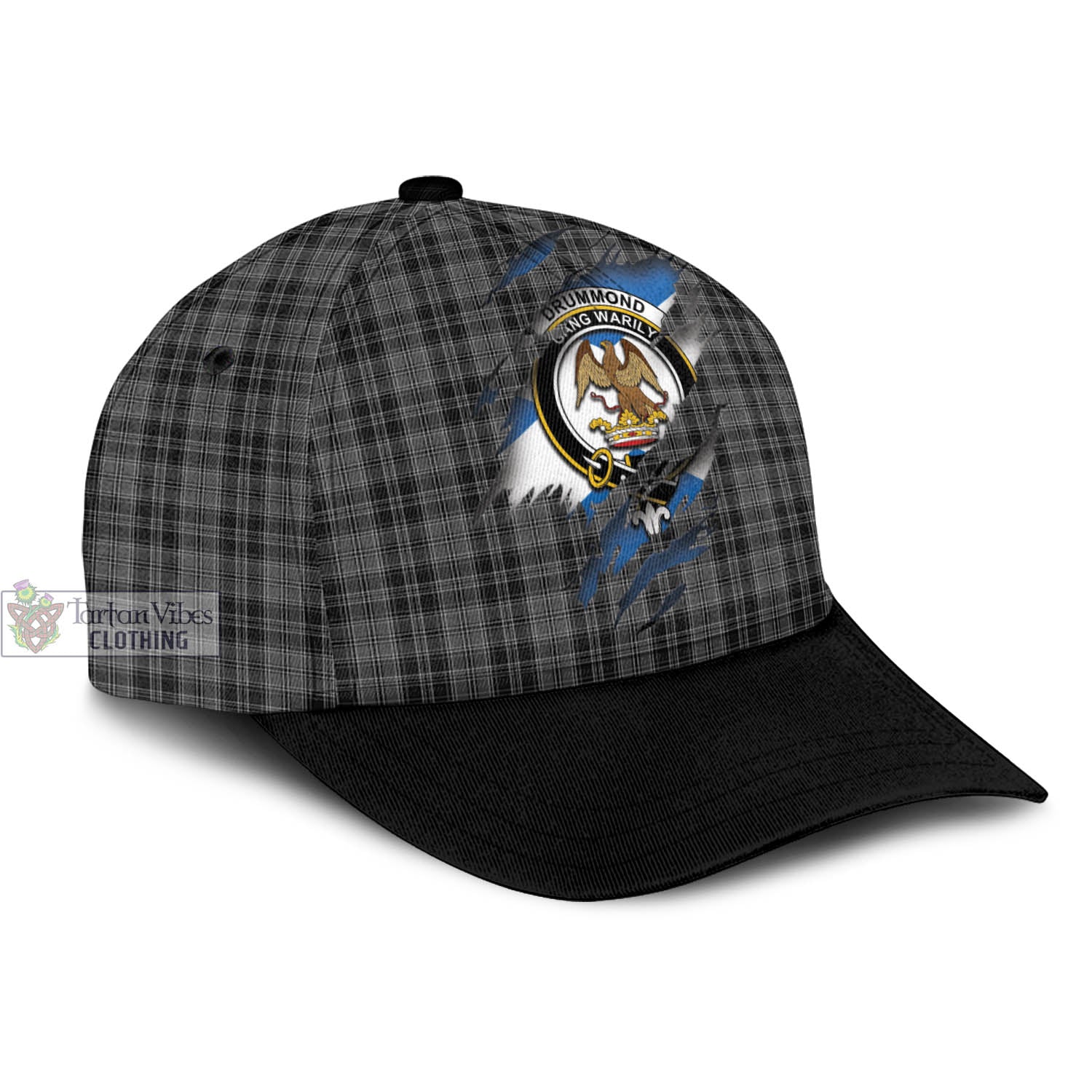 Tartan Vibes Clothing Drummond Grey Tartan Classic Cap with Family Crest In Me Style