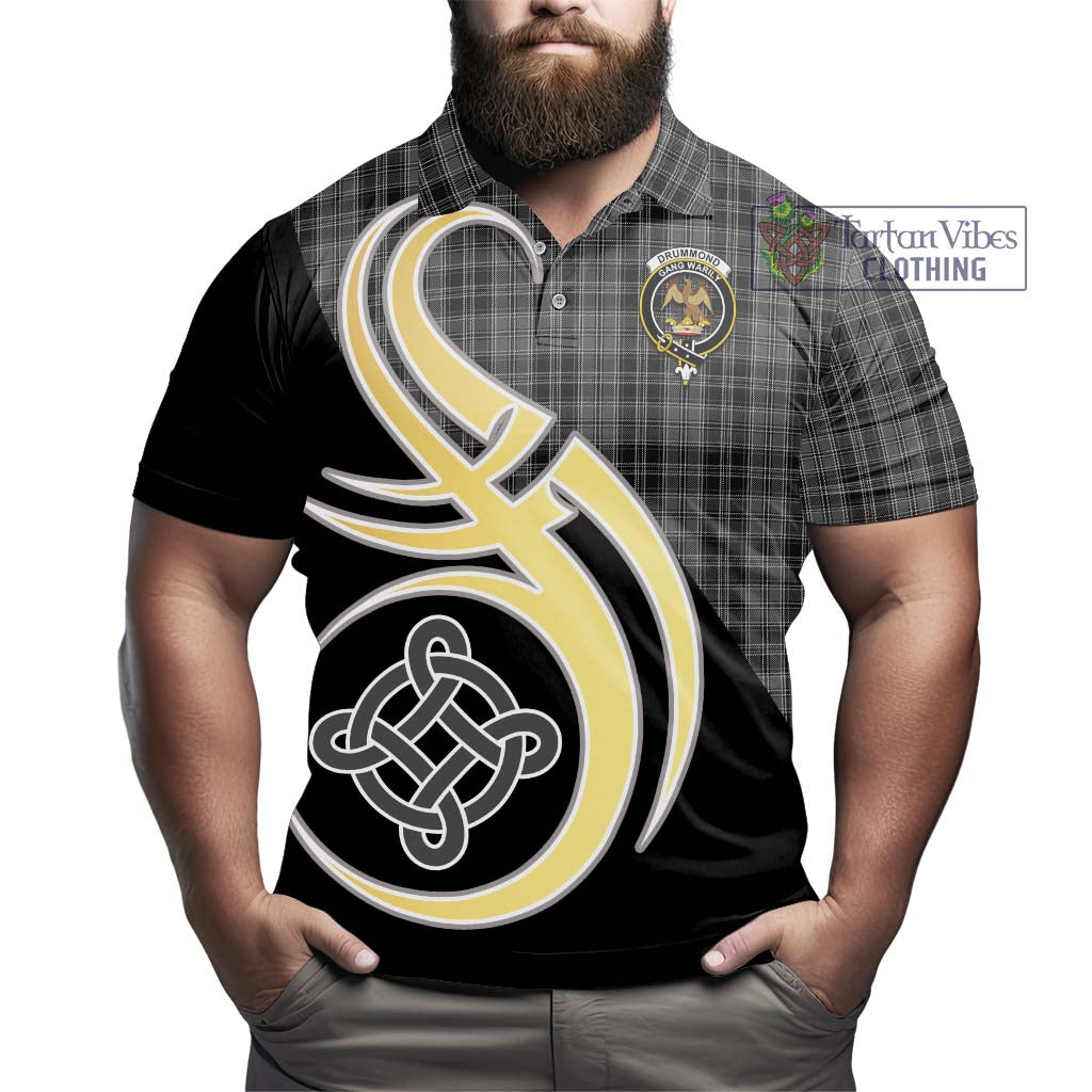 Drummond Grey Tartan Polo Shirt with Family Crest and Celtic Symbol Style - Tartan Vibes Clothing