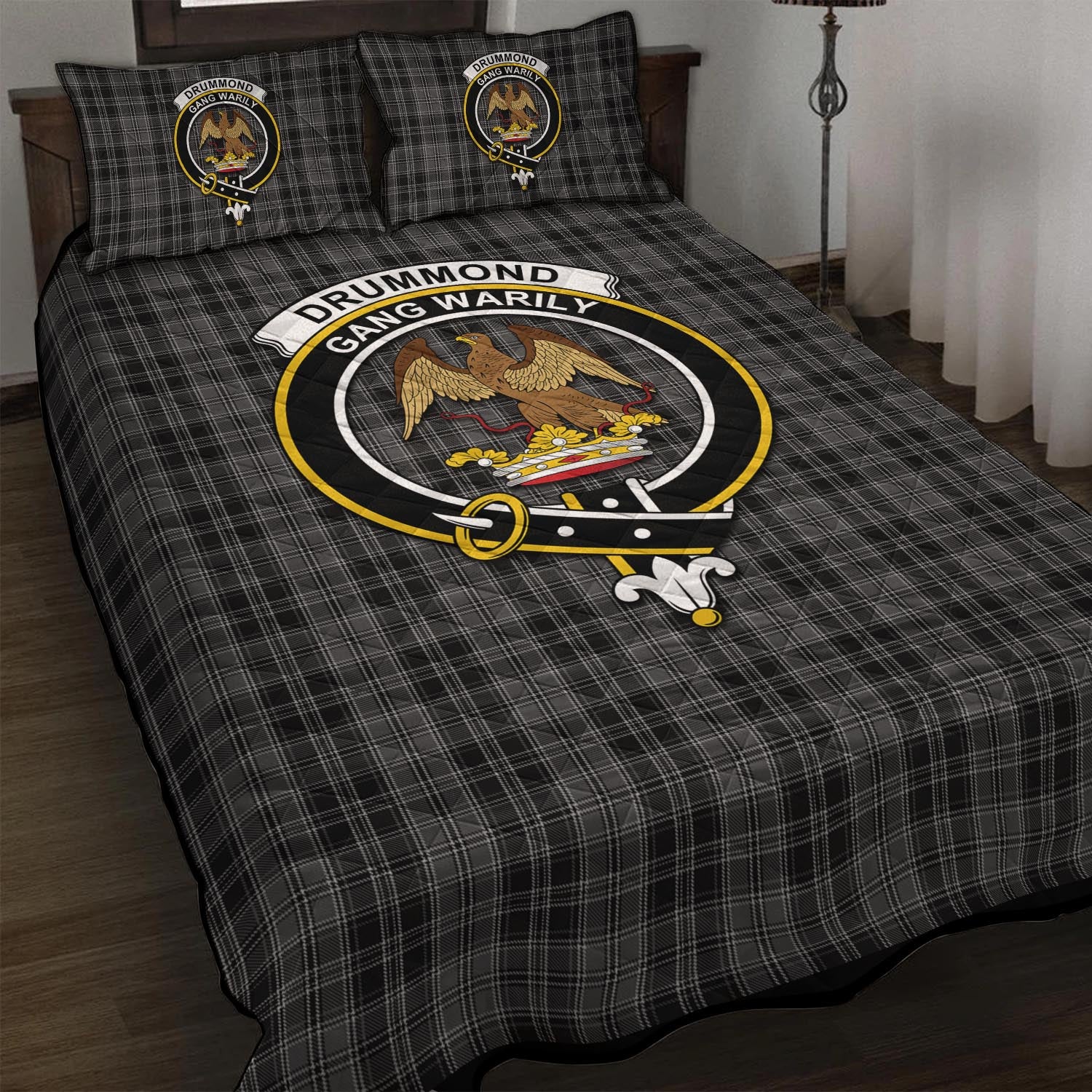 Drummond Grey Tartan Quilt Bed Set with Family Crest - Tartan Vibes Clothing