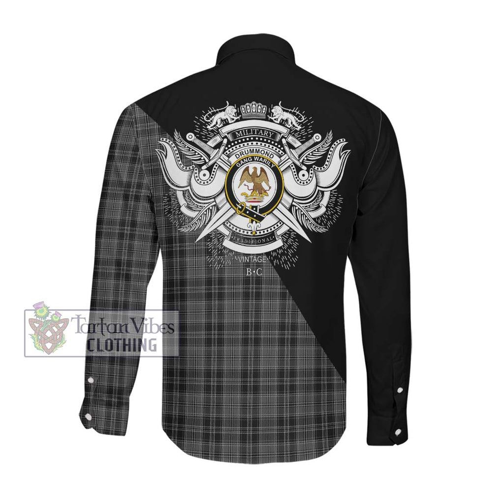 Drummond Grey Tartan Long Sleeve Button Shirt with Family Crest and Military Logo Style Men's Shirt - Tartanvibesclothing Shop