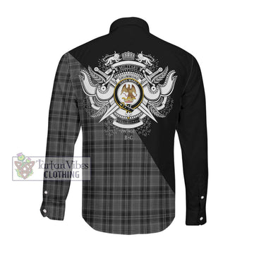 Drummond Grey Tartan Long Sleeve Button Shirt with Family Crest and Military Logo Style