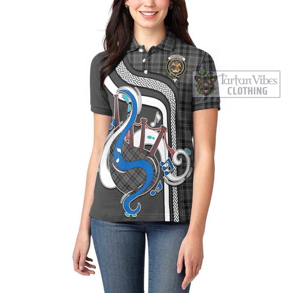 Drummond Grey Tartan Women's Polo Shirt with Epic Bagpipe Style - Tartanvibesclothing Shop