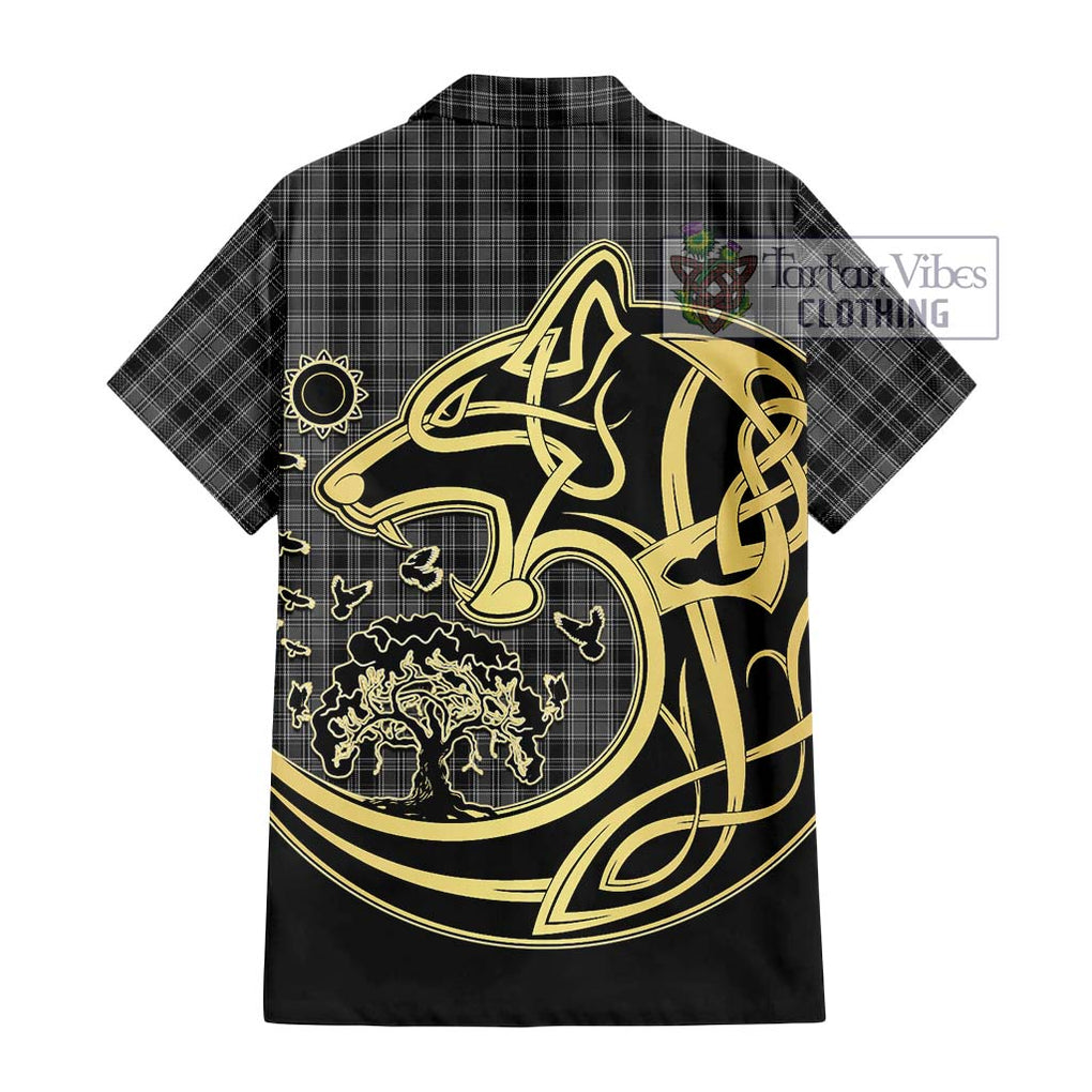 Drummond Grey Tartan Short Sleeve Button Shirt with Family Crest Celtic Wolf Style - Tartan Vibes Clothing